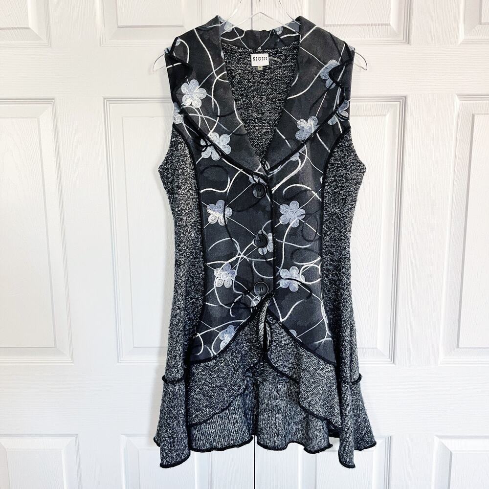 Sioni Studio Sleeveless Floral Embroidered Knitted Long Sweater Vest Cardigan